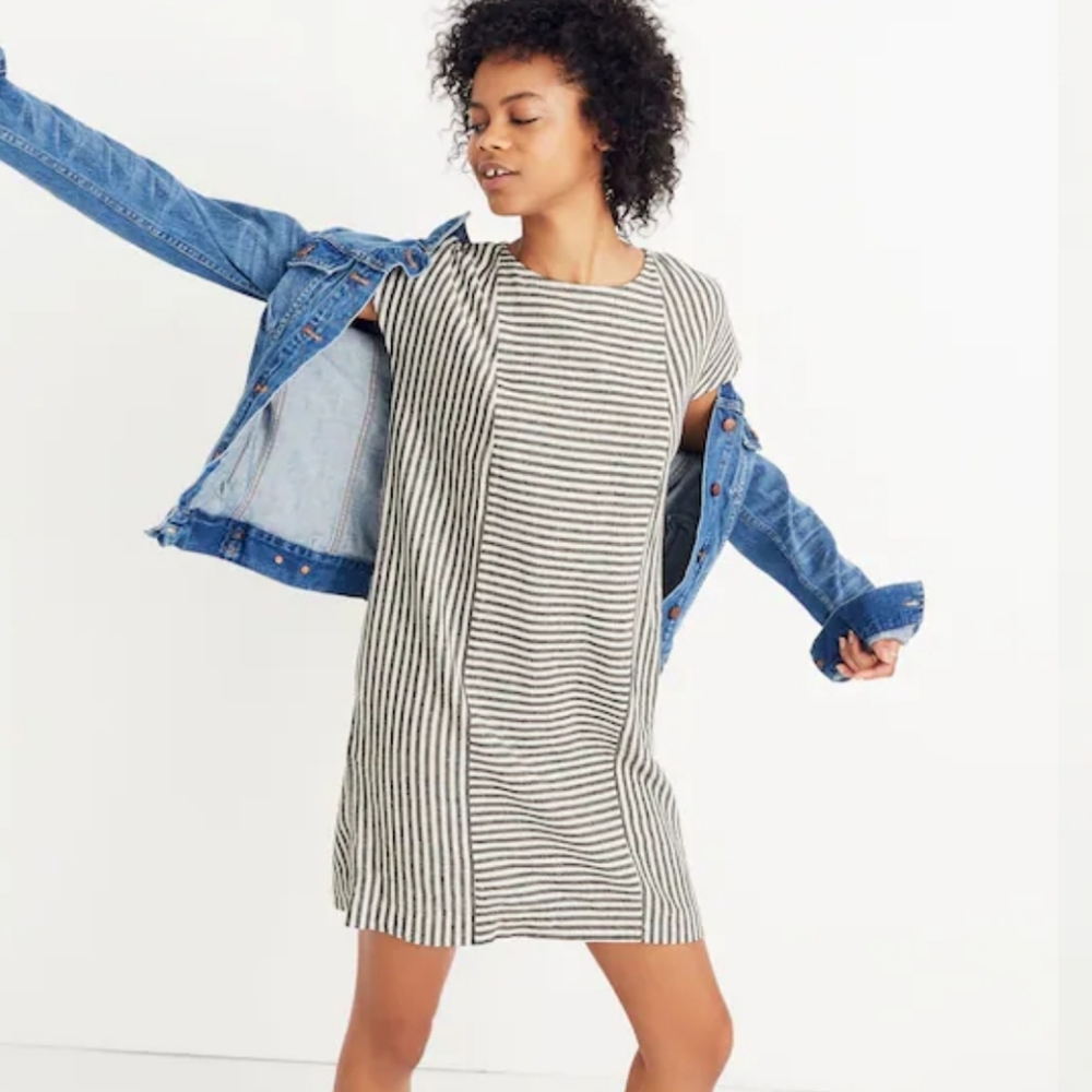 Madewell Stripe Play Button-Back Tee Mini Dress Linen Black White Stripe XXS
